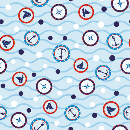 geometric seamless pattern of sailing icons with blue dots and waves.のイラスト素材