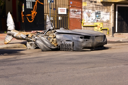 Metallic sculpture representing a shark, in front of Garage Hall café, Bucharestのeditorial素材