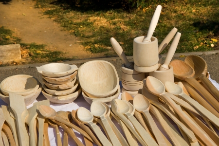 Handmade wooden kitchen objects for sale at a outdoor fairの写真素材