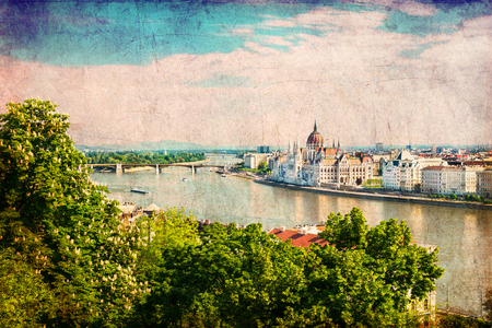 Danube river in Budapest city Hungary in springtimeの写真素材