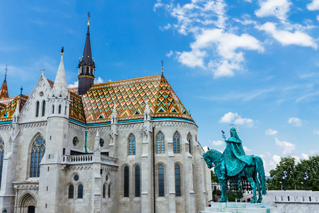 Statue of Saint Stephen in front of Fishermans bastion, Castle Hill, Budapest, Hungaryのeditorial素材