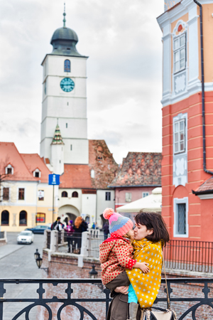 Mother and girl  love on the famous Liers bridge in Sibiu Transylvania Romaniaの写真素材