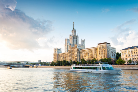 Moscow architecture and passengers boats on the Moskva riverの写真素材
