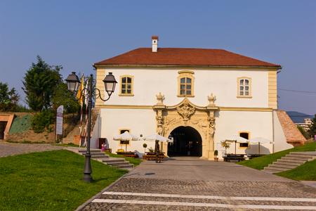 Alba Iulia, Romania - August 26, 2012: Medieval building transformed in terrace in the Carolina citadel - Alba Iulia, Transylvania, Romaniaのeditorial素材
