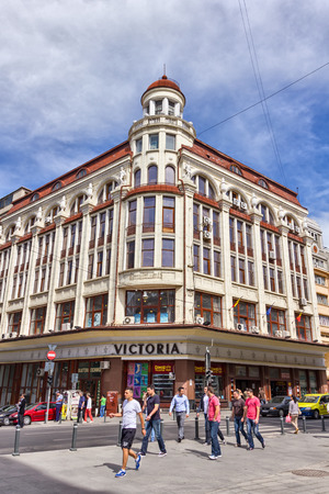 BUCHAREST, ROMANIA - MAY 9, 2013: Old Victoria commercial building in Bucharest city center in springのeditorial素材