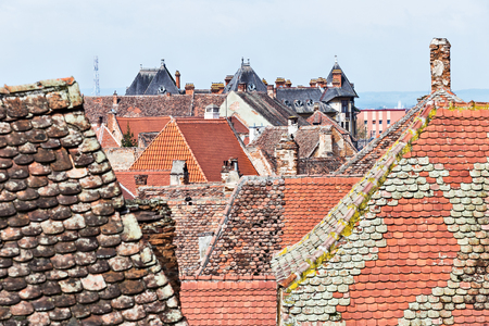 Historical old buildings roofs in Sibiu Romaniaの写真素材