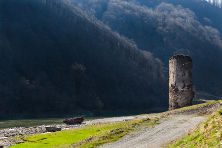 Medieval broken tower. Archaeological site on the Olt valley in Carpathian Mountains.の写真素材