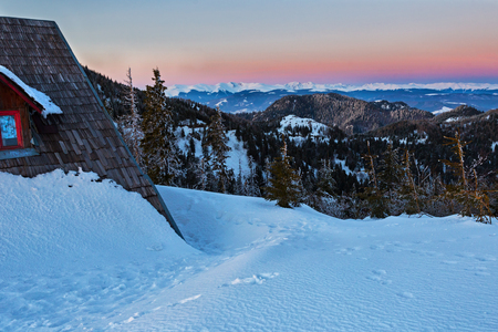 Spectacular view at dusk on Fagaras mountains from Cozia mountain peakの写真素材