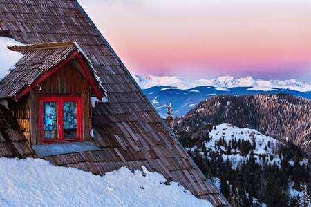 Spectacular view at dusk on Fagaras mountains from Cozia mountain peakの写真素材