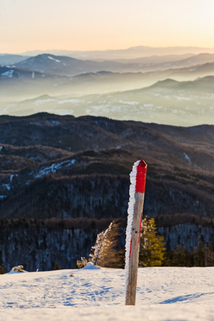 Carpathians mountains range covered by sunrise sunの写真素材