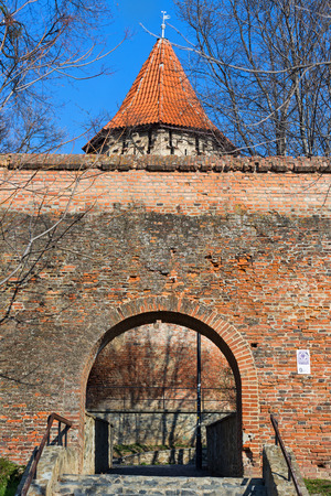 Medieval fortification system of walls and towers in famous Sibiu city in Transylvania Romaniaの写真素材