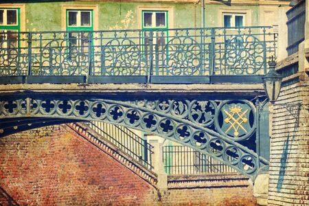 Famous Sibiu landmark - Liars bridge in Small Square (Piata Mica) - retro styleの写真素材