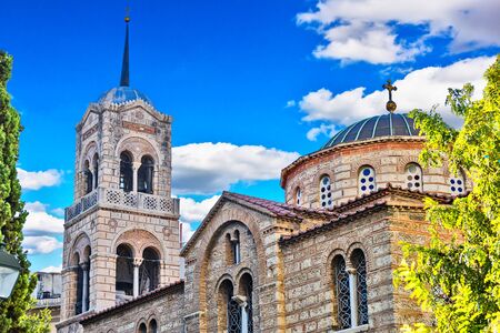 Greek church in Athens against blue skyの写真素材