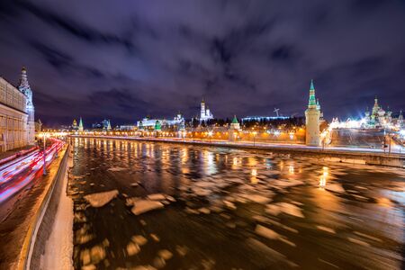 Moscow traffic by night and during winterの写真素材