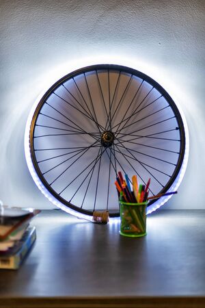 Handmade LED table lamp from an old bike wheelの写真素材