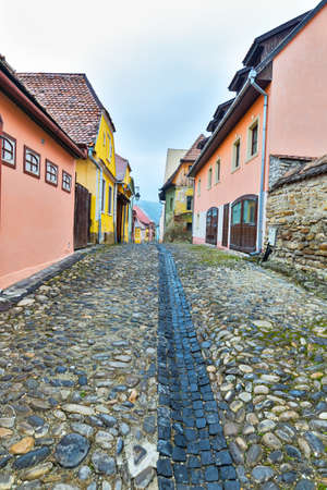 Stone streets from idyllic historical city of Sighisoara, in Transylvania, Romaniaの写真素材