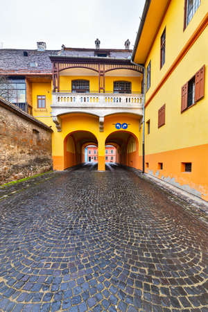 Architecture of the old city of Sighisoara in Transylvania, Romania - the medieval citadelの写真素材