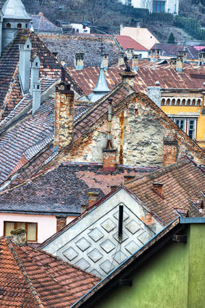 City center building architecture in Sighisoara medieval town, in Transylvania, Romaniaの写真素材
