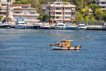 Small fishing ship sailing in front of modern yachts on Bosphorus strait in Turkeyの写真素材