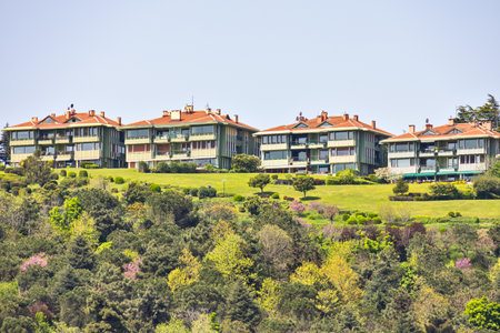 Turkish architecture on beautiful sea side villas placed on Bosphorus strait in Turkeyの写真素材