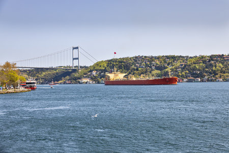 Crude oil tanker passing through Bosphorus strait in Turkeyの写真素材