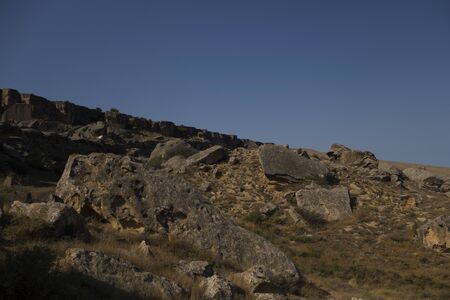 Gobustan is an archaeological reserve in Azerbaijan, south of Baku. Rock paintings, ancient parking.の写真素材