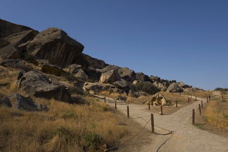 Gobustan is an archaeological reserve in Azerbaijan, south of Baku. Rock paintings, ancient parking.の写真素材