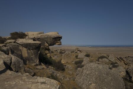 Gobustan is an archaeological reserve in Azerbaijan, south of Baku. Rock paintings, ancient parking.の写真素材