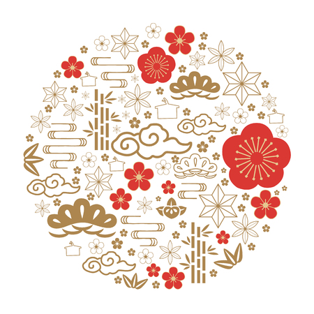 Japanese icon vector. Red and gold traditional symbol in circle form for New year celebration such as cherry blossom, bush, cloud, flower, bamboo, wave.のイラスト素材