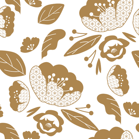Japanese pattern vector. Gold geometric background. Flower and leaves elements for decoration.のイラスト素材