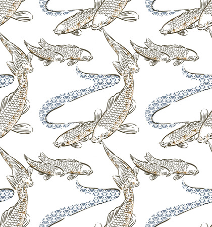 Koi fish vector with Japanese pattern background. Hand drawn carp fish pattern.のイラスト素材