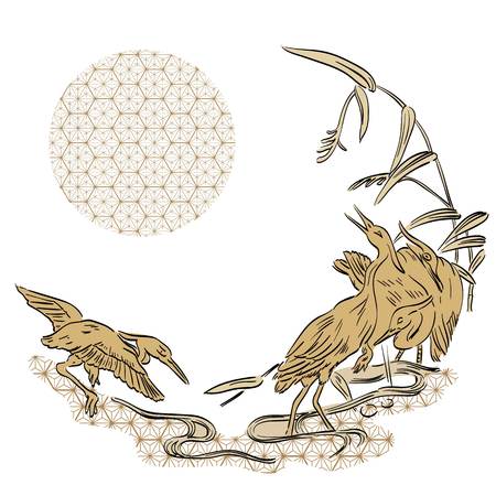 Crane birds vector with Japanese pattern background. Japanese template.のイラスト素材