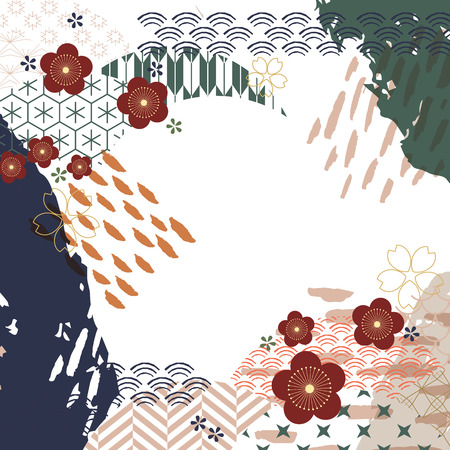 Cherry blossom elements with brush strikes background vector. Japanese pattern with flower template.のイラスト素材
