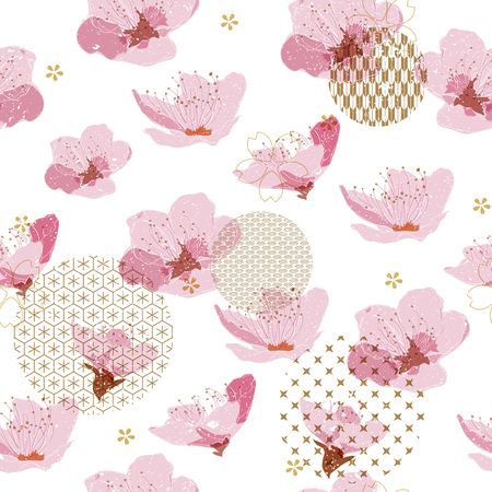 Japanese background with cherry blossom flower vector. Floral elements with geometric pattern.のイラスト素材