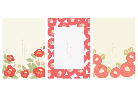 Flower background in oriental style. Japanese wave pattern with floral template vector. Camellia flower decoration invitation card.のイラスト素材
