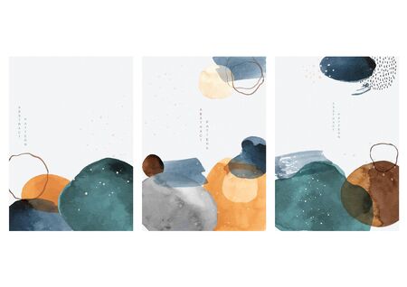 Abstract arts background with painting brush texture vector. Watercolor stain elements with Japanese wave pattern. Poster and card design in Asian style.のイラスト素材
