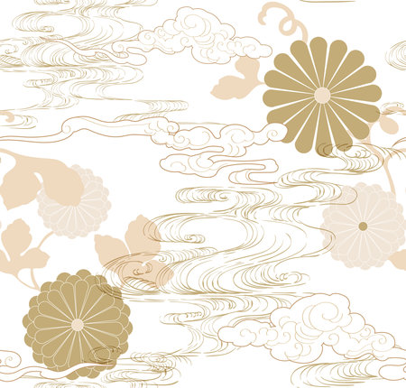 Floral , wave and cloud seamless background with Japanese pattern vector. Gold cherry blossom with geometric pattern.のイラスト素材