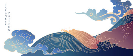 Japanese background with hand drawn line wave pattern vector. Abstract template with geometric pattern. Ocean sea backdrop layout design in oriental style. Chinese cloud elements.のイラスト素材