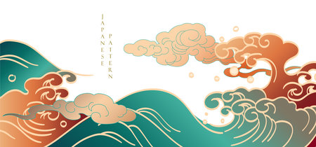 Chinese background with hand drawn wave and cloud element vector. Oriental natural pattern with ocean sea decoration banner design in vintage style. Marine templateのイラスト素材