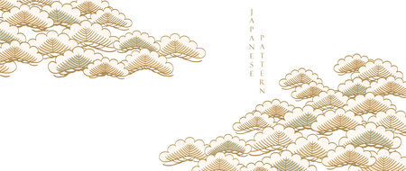 Japanese background with Asian traditional icon vector. Cherry blossom and peony flower, wave pattern, bamboo and ribbon elements. Geometric pattern in vintage style.のイラスト素材