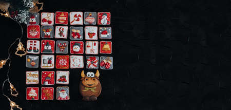 Gingerbread calendar. Christmas background.Calendar of the last month of 2020 - December of gingerbread. Christmas background.の写真素材