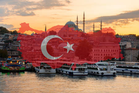 Outlines of the country of Turkey in the colors of the countrys flag. Country flag on the background...