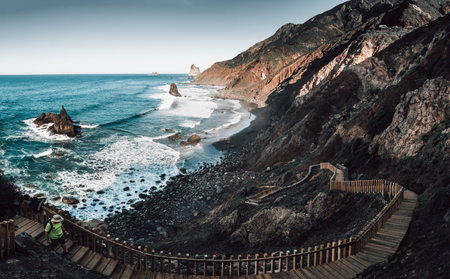 Playa Benijo, Benijo beach is a wild beach with big waves and black volcanic sand, located on the north of Tenerife near the Roques de Anaga.の写真素材