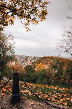 Shchekavitsa mountain. Autumn landscapes in the city, orange trees, October colorful, Kiev, Ukraineの写真素材