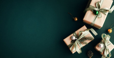 Banner with many gift boxes with paper decorations on turquoise background. Christmas background.の写真素材