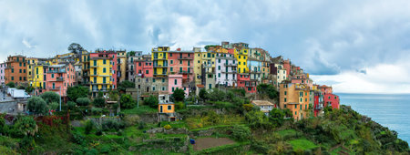 Corniglia, Italy in the Cinque Terre Region in autumn at dusk.