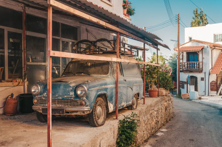 Polis ancient street. Old taverns and a retro car in a Mediterranean resort. Polis, Cyprusの写真素材