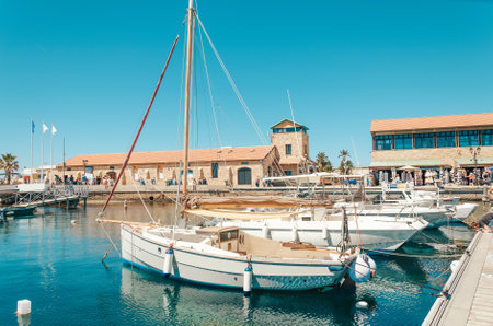 The port of Paphos in spring. Boats and ships are docked in the port.の写真素材