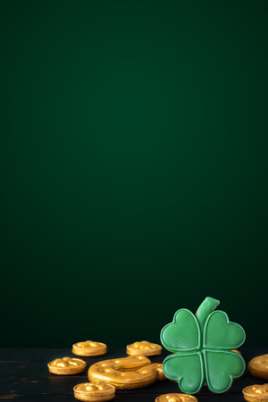 Vertical Saint Patricks day background with gold horseshoe and four leaf clovers on a dark backgroundの写真素材