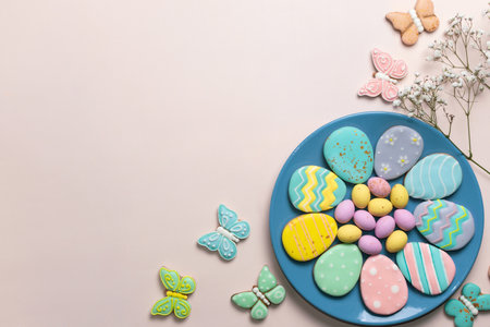 Easter banner on a pastel background. Homemade gingerbread cookies on a blue plate, Easter eggs and...